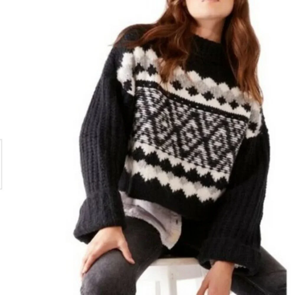 Free People Alpine Black White Mock Neck Cropped Sweater - Picture 1 of 7